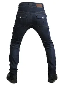 Rear view of dark blue Cordura motorcycle jeans with protective pads and large rear pockets