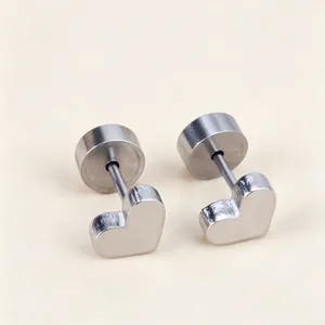 Elegant polished silver stainless steel heart-shaped stud earrings with round backings