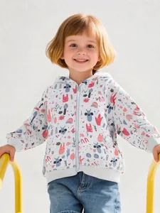 Girls Hooded Sweatshirt Zipper Jacket Autumn Kids Cartoon Rabbit Print Cotton Blend Casual Long Sleeve Outwear