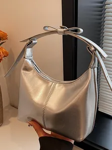 Minimalist Metallic PU Leather Butterfly Bow Hobo Bag For Women Trendy Underarm Shoulder Bag Solid Color Dumpling Shape Purse