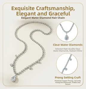 Détail de la chaîne de tête mariée bohème avec strass, pendentif goutte et serti à griffes