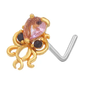 Piercing al naso a forma di polpo dorato con zircone rosa e pietre nere lisce