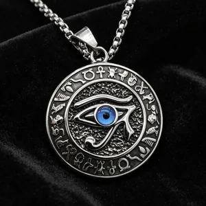 Vintage-Stahlkette mit blauem Auge des Horus-Anhänger und ägyptischen Hieroglyphen