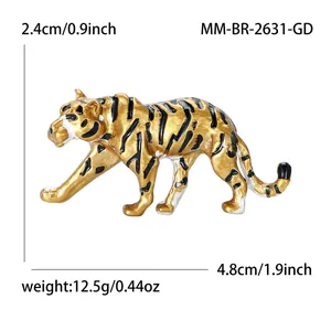 Golden tiger brooch with black enamel stripes showing dimensions and weight metrics