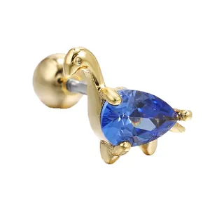 Golden dinosaur stud earring with pear-cut blue zircon and secure screw-back ball closure