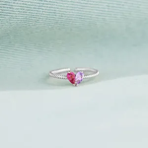 S925 sterling silver open ring featuring pink and purple heart birthstones with rope band