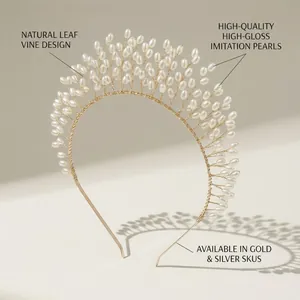 Détail du serre-tête de mariée tissé à la main avec feuilles d'or et perles nacrées
