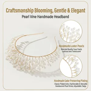 Serre-tête perles fait main avec branches dorées ajustables pour coiffure de mariée