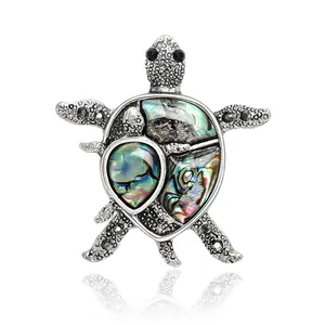 Retro Antique Silver Sea Turtle Brooch Colorful Abalone Shell Inlaid Alloy Black Rhinestone Animal Brooch Pins For Women Jewelry