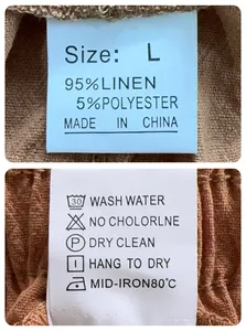 Detailed laundry label on linen pants showing fabric composition and care instructions