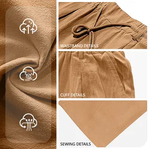 Brown cotton linen loose beach pants with drawstring waist and fine sewing details
