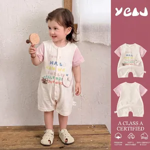 Sommer Säugling Kurzarm Baumwolle Strampler Cartoon Bär Buchstabe Druck Unisex Baby Jumpsuit Dünne Atmungsaktive Neugeborene Kleidung