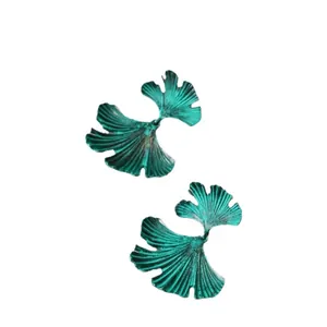 Vintage green ginkgo leaf earrings with 925 silver needles and oxidized metal texture