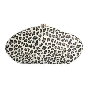 Elegant leopard print acrylic evening clutch bag featuring a gold-tone clasp closure.