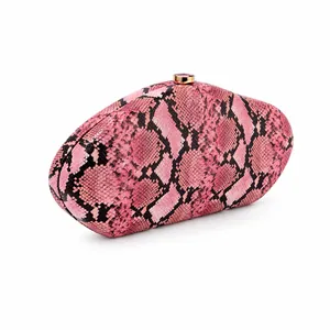 Elegant pink snake print oval acrylic evening clutch bag with a metallic gold clasp