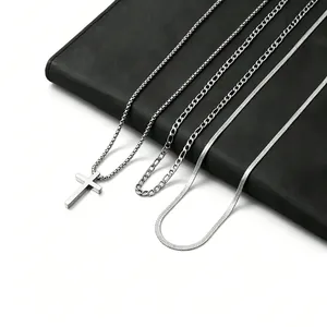 Stainless steel layered necklace set with cross pendant and snake chain for daily wear