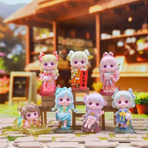 Detailed macro of 7 cute Chinese style girl figurines in fantasy dresses and accessories