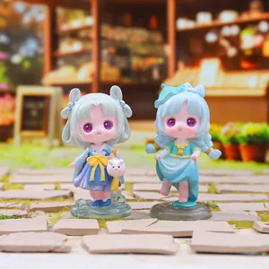 Chibi hanfu girl figurines with blue gradient hair and mystical water ripple bases
