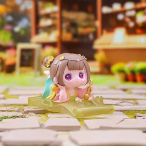 Detailed macro view of a cute Hanfu girl figurine resting on a scroll base