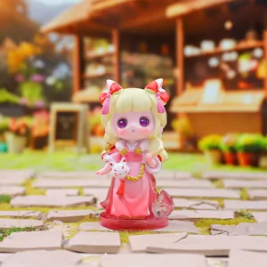 Macro shot of Hanfu girl figurine with pink kimono and white fox mask detail