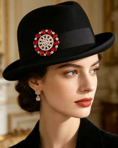 Detailed close-up of a luxury crystal brooch on a black felt hat with red rhinestones