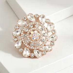Elegant floral crystal brooch with sparkling water-drop rhinestones in rose gold finish
