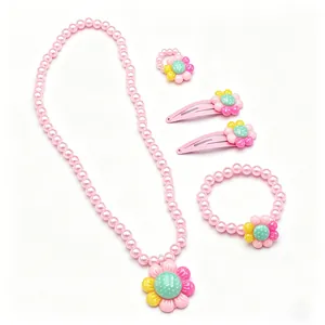Set gioielli per bambine con girasole rosa collana di perle e fermagli capelli