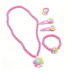 Set gioielli con girasole e perle finte rosa con collana, bracciale e fermagli per bambine
