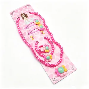 Set gioielli rosa per bambina con collana di perle, bracciale, anello e fermagli fiori