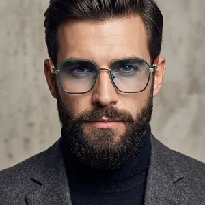Close-up portrait of a man wearing premium square sunglasses with wood grain temples