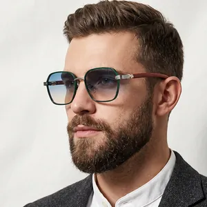 Retro Men's Sunglasses Square Metal Frame UV400 Wood Grain Temple Driving Outdoor Vintage Shades