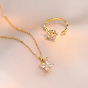 Juego de Joyas de Mariposa Giratoria de Zirconia para Mujer Collar de Cadena de Acero Inoxidable Anillo Ajustable Abierto Joyería Elegante