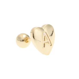 Polished 18K gold heart-shaped letter A stud earring with screw back closure on white background