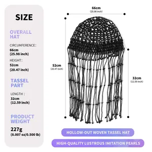 Detailed size chart for black pearl mesh hair chain with fringe and bridal tassel cap