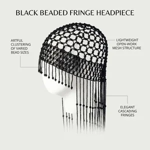 Detail of vintage black pearl mesh headpiece with long tassel fringe on a white model