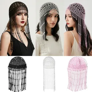 Mesh Faux Artificial Pearl Hair Chain With Long Tassels Retro Bridal Headpiece For Wedding Prom Costume Party Accessories