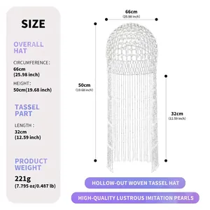 Size chart for bridal pearl mesh headpiece with tassel fringe and product dimensions