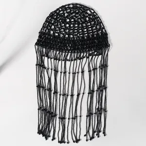 Elegant black beaded mesh headpiece with long fringe tassels for vintage bridal hair