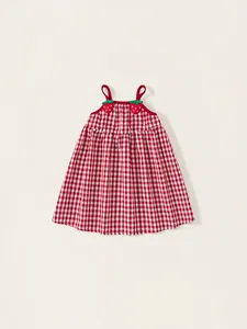 Girl Gingham Strawberry A Line Dress Summer Cotton Sleeveless Sundress Sweet Toddler Baby Clothes Red White Checkered Outfit