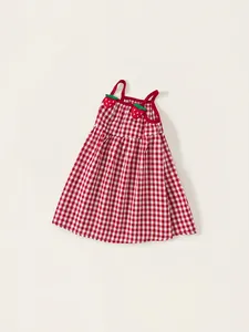 Girls strawberry red gingham A-line sundress with cute fruit patches for summer