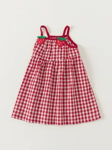 Girls strawberry red gingham A-line sundress with cute 3D strawberry embroidery appliques