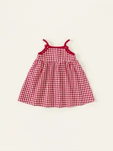 Girls red gingham strap A-line dress in soft cotton fabric with checkered pattern
