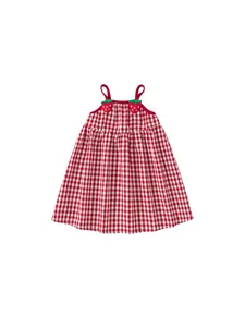 Girls red gingham strap dress featuring 3D strawberry patches and A-line silhouette