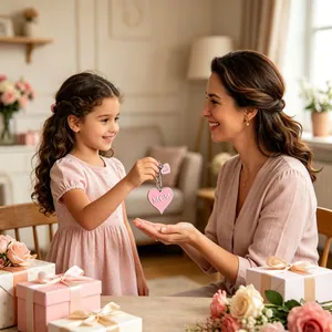 Rosa Herz-Schlüsselanhänger mit MOM und LOVE Gravur als Geschenk von einem Kind überreicht