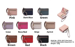 Detailed view of women's compact double-zipper wallet in various colors with card slots