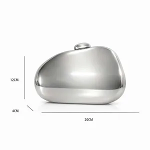 Modern silver metallic pebble-shaped evening clutch purse with 20x12x4cm size chart