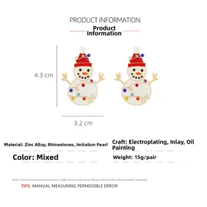 Detailed dimensions of cartoon snowman earrings with alloy enamel and sparkling rhinestones