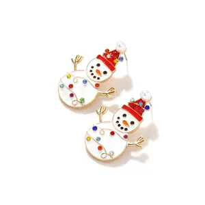 Detailed view of enamel snowman earrings with colorful rhinestones and white pearl accents