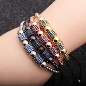 Stackable roman bead bracelet set with blue zircon in gold, rose gold, silver and gun black