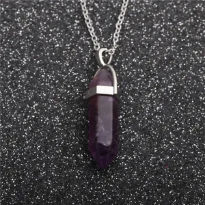 Cone-shaped purple amethyst pendant necklace with silver link chain for women